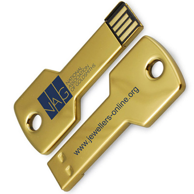 Gold coloured metal  usb flash drives with logo printed on the key shaped gold usb.