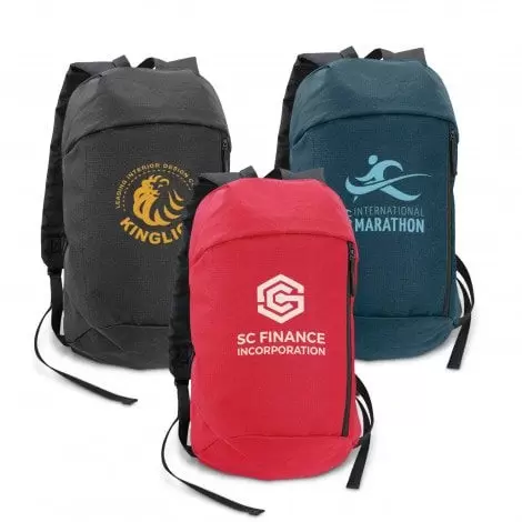 Image of 3 different coloured backpacks with customised logo printed on the front of the backpack.