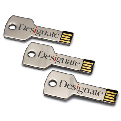 metal usb key shaped flash drive with logo screen printed on it. 3 usbs.