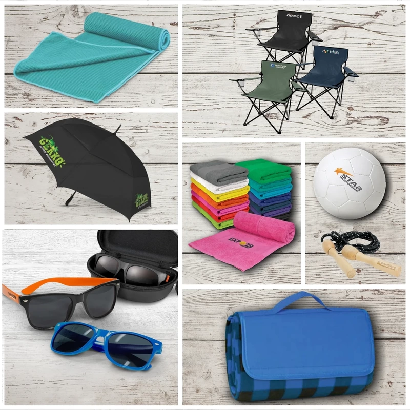 Corporate branded Gifts for Leisure, including towels, directors chairs and umbrellas, branded with company logo.