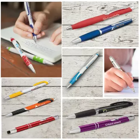 Promotional Pens, all custom branded with company logo, with low minimum order value. 