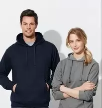 Picture of a man and women wearing hoodies, which can be printed with your own design.