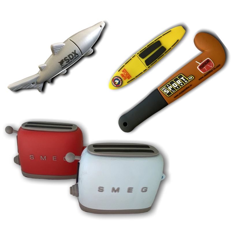 Showcasing our customised designed shaped usb, including a shark usb, hockey stick usb and toaster usb by adm solutions.