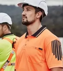 Image of a workman wearing a hard hat and Hi Viz Polo shirt.